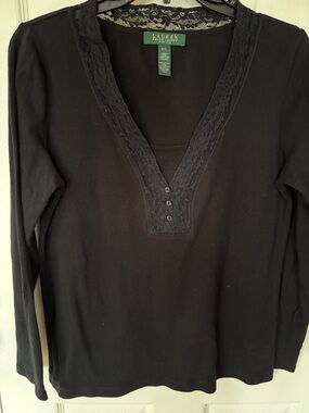 Lauren Ralph Lauren Black Lace-Trim V-Neck Henley
